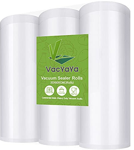VacYaYa 3 Pack 20x600cm Rolls (Total 18m) Vacuum Food Sealer Machine Freezer Bags Rolls with BPA Free,Heavy Duty,Great for Sous Vide and Vac Seal Storage Rolls