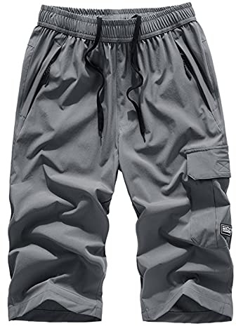 MakingDa Short 3/4 pour homme sous le genou cargo trois-quarts long avec poche zippée pantalon court, gris, S