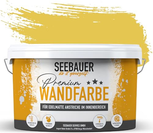 SEEBAUER diy Wandfarbe Gelb 2,5L für Innen (No. 449 Sun Flower) Edelmatte sonnengelbe Innenfarbe - Gelbtöne sehr hohe Deckkraft - Matt, Abwaschbar und Tropffrei