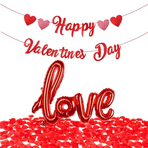 BOFUNX Valentinstag Deko Set Rot Herz Folienballon, Happy Valentines Day Banner, 200 Stück Rosenblätter Romantisch Dekoration für Hochzeit,Dating,Verlobung,Vorschlag
