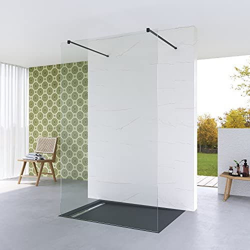 AQUABATOS 87x200cm Walk in Duschwand Glas freistehend begehbare Dusche ebenerdige Duschabtrennung Glastrennwand Duschtrennwand für Duschwanne | Klarglas 8 mm mit NANO | 90° Stabilisationsbügel schwarz