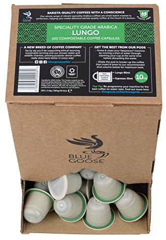 Blue Goose Lungo - 100 Plastic Free Compostable Coffee Capsules - Nespresso Compatible Pods - Specialty Grade Coffee - 2 Star Great Taste Award 2023