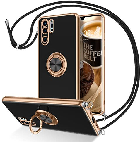 DUEDUE für Huawei P30 Pro Hülle mit Band, Handykette Huawei P30 Pro Handyhülle mit Band 360 Grad Ring Stoßfeste Schutzhülle Soft Silikon TPU für Huawei P30 Pro Hülle Mit Ring Schwarz