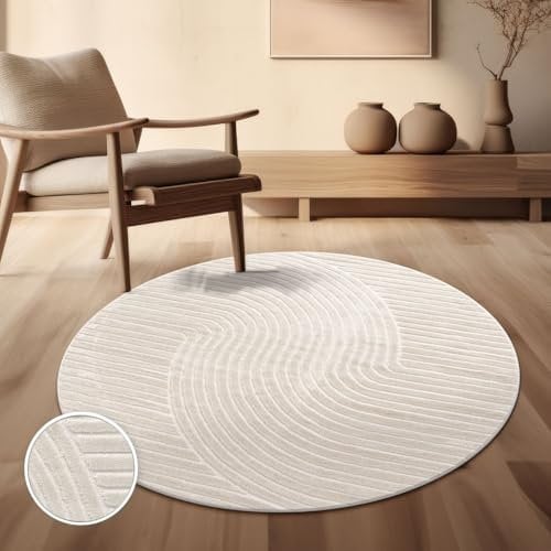 TT Home In-& Outdoorteppich Wetterfest Balkon Schlafzimmer Boho Skandi Motiv Unifarben, Farbe:Creme 2, Größe:160 cm Rund