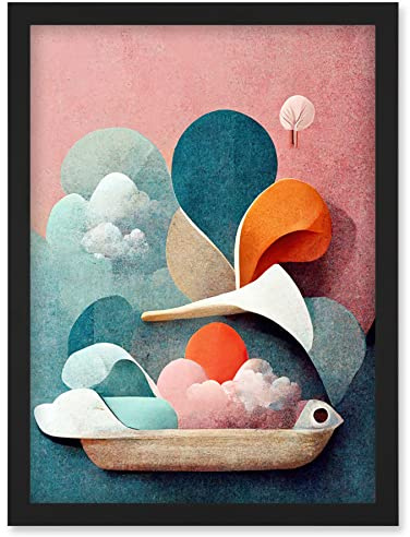 Doppelganger33 LTD Modern Boho Abstract Ship In Sky Clouds In Pastel Colours Toilet Artwork Framed Wall Art Print A4