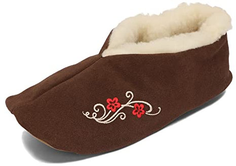 BeComfy Unisex Warme Leder Wolle Hausschuhe Damen Herren Winter Gefüttert Wildleder Pantoffeln 36-46 EU (Braun Blumen, EU Schuhgrößensystem, Erwachsene, Numerisch, M, 38)
