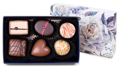 CHOCOLISSIMO - Pralinen Geschenk - Schokolade Geschenk - 6 Stück, mit Alkohol - Geschenk in Schachtel mit Blumenmotiv - für Frauen, Mama, Freundin, zum Geburtstag, Ostern, Valentinstag, Renteneintritt