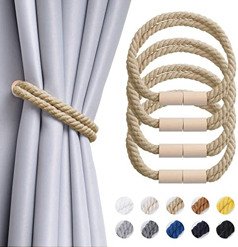 Pretty Jolly 4 Stück Magnetische Vorhang Raffhalter aus Holz, Boho-Dekoration, Raffhalter, handgefertigt, doppeltes Baumwollseil, Vorhanghalter für Zuhause und Büro, Fenstervorhänge (Dunkelbeige)