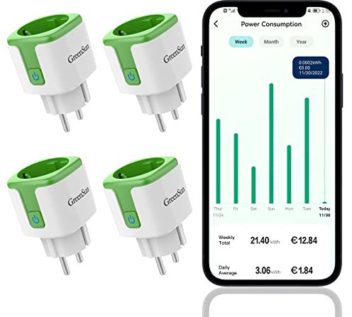 Prise Connectée, GreenSun 16A Prise WiFi Compatible avec Alexa, Google Home, Lot de 4 Prises Programmables avec Mesure de Consommation d'Énergie, Commande Vocale et Contrôle à Distance
