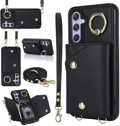 FMPCUON Coque avec Cordon Compatible avec iPhone 12 Mini,Étui Portefeuille Housse Arrière avec Cuir PU Mat + TPU Souple Porte-Cartes Bandoulière Réglable Noir