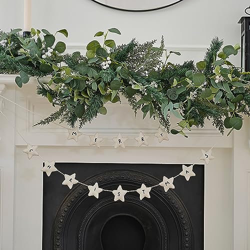 Ginger Ray Felt White Star 'Merry Christmas' Wimpelkette Luftschlangen Girlande Hängende Dekoration 5m, Weiß