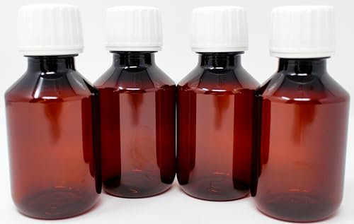 Aromhuset 4x Braune 100 ml Laborflaschen aus PET mit weißem Schraubverschluss | Liquid Flasche | pet-flasche| Kunststoffflasche braun, für Kosmetik, Lebensmittel und Flüssigkeiten, 4er Pack