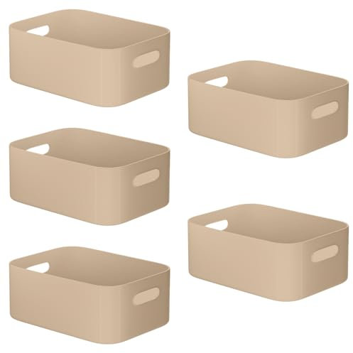 W&H 5 PCS Plastic Storage Baskets, Medium Kitchen Storage Boxes with Handle, Cupboard Organiser Boxes, Plastic Baskets for Shelves, Bathroom, Office, Home - 25×17×10cm (Beige)