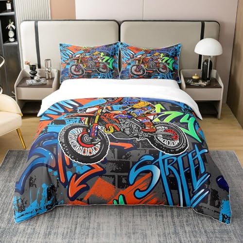 Dirt Bike 100% Baumwolle Bettbezug für Jungen Teens Männer Motorrad Bettwäsche Set 135x200 Bunte Graffiti Komfortbezug Kinder Motocross Rider Motorradfahrer Bettsets mit 1 Kissenbezug