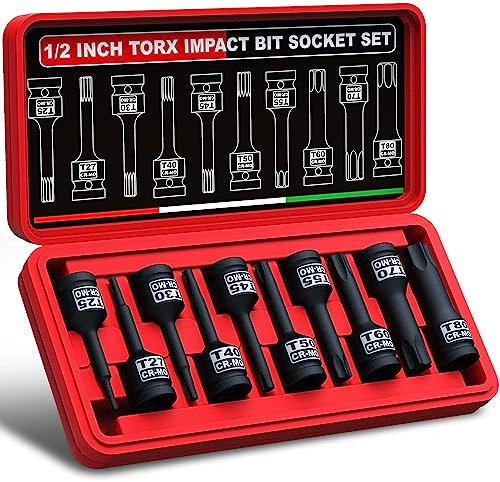 KIRXST 1/2 Inch Impact Torx Bit Socket Set, T25 - T80, 10 Piece 1/2 Drive Impact Star Bit Socket Set