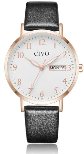 CIVO Damenuhr Lederarmband Schwarz Elegant - Uhren Damen Analog Quarz Datum Wasserdicht Armbanduhr Frauen Minimalistisch Mode Kleid Geschenke für Damen