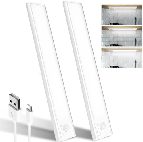 Reglette Led Cuisine Sous Meuble 39Led,24cm,6500k Lumiere Detecteur De Mouvement Interieur,1500mAh Rampe Led,Lampe Led Rechargeable USB,Lumiere Led Adaptée Placard Veilleuse Escalier Couloir (2 Pack)