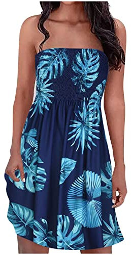 Bandeau Beach Strapless Boho Sundress - Summer Sheering Ruched Mini Dress For Women UK, Floral Pleated Swing Vest Top