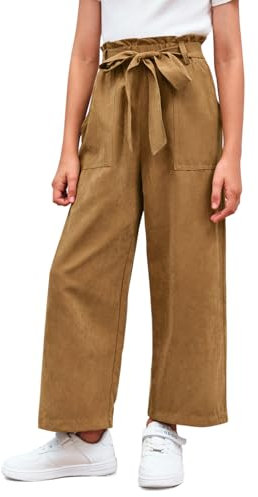 Haloumoning Mädchen Weite Hose Palazzo Hohe Taille Mode Bootcut Elastische Paperbag Freizeithose mit Gürtel, Dunkelkhaki, 8-10 Jahre