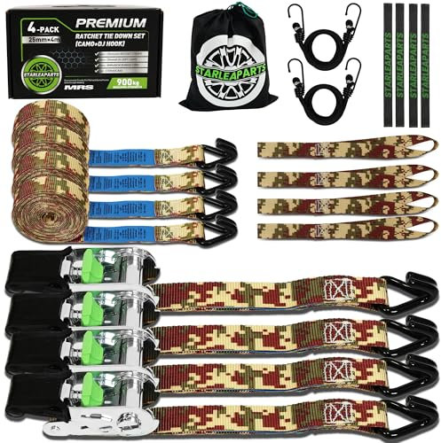 StarLeaparts Spanngurte mit Ratsche 4 Stück, 900KG Bruchfestigkeit - 25mm x 4m Zurrgurte Satz mit 2 Bungee-Seil, Spanngurte mit Haken für Motorrad, Umzugsgeräte und Fracht, Tarnung