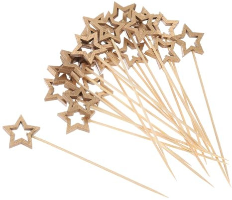 sourcing map Palillos de dientes de cóctel, 100 unidades, de bambú, hueco, forma de estrella, largo, palillos de frutas, palillos decorativos para bebidas, aperitivos, frutas, color dorado