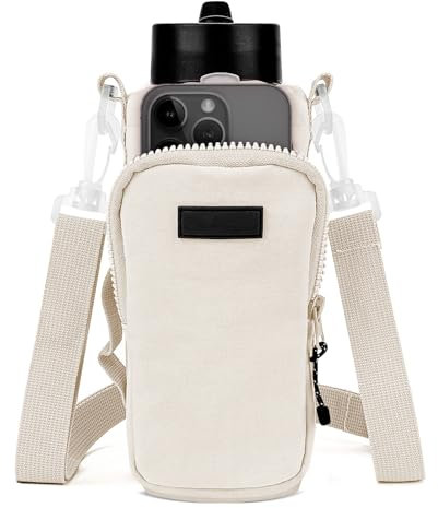 Linkidea Water Bottle Carrier with Strap Compatible with YETI Rambler Bottle 18oz/26oz, Owala FreeSip 24oz/32oz, Waterbottle Sling Bag Holder, Shoulder Strap with Phone Pocket (Beige)