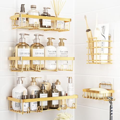 Liuoud Shower Caddy 5 Pack, Bathroom Accessories Shower Organizer Rack for Inside Shower, Adhesive Shower Shelf, Shampoo Holder, Shower Basket, Metal Wall Storage, Gold
