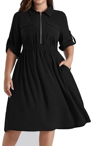 Hanna Nikole Women's Plus Size V-Neck Lapel A-line Dress Adjustable Zip 3/4 Elastic Waist Casual Dress with Pockets Black 22