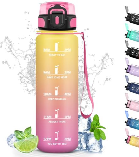 Gourde 1l, Gourde Sport avec Filtre, Gourde Motivation avec Marqueur de Temps, Gourdes de Camping et Randonnée anti Fuite, Facile à Nettoyer, Gourde Adulte pour Running, Vélo, Musculation, Extérieur