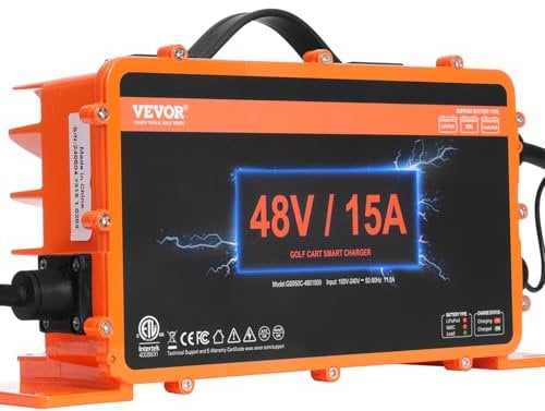 VEVOR Chargeur de Batterie pour voiturette de Golf 48 V, Chargeur avec Prise Ronde à 3 Broches, 15 A, Compatible avec Batteries au Plomb AGM/Gel/EFB MF inondées NMC LiFePO4 pour Voiture de Club, IP67