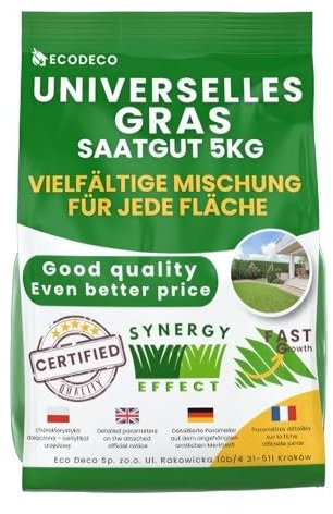 EcoDeco Rasensamen Schnellkeimend 5kg für 200 m² | Grassamen für Trockenrasen und Schattenrasen | Trockenresistent Sport und Spielrasen | Ideal für Neuansaat und Nachsaat