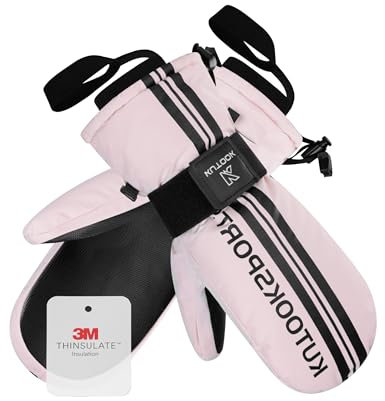 KUTOOK Fäustlinge Skihandschuhe Herren Mitten Extra Warm Wasserdicht Atmungsaktiv Damen Winterhandschuhe Fausthandschuhe mit Abnehmbarer Handgelenkschützer Snowboard Skifahren Wintersport Rosa XL