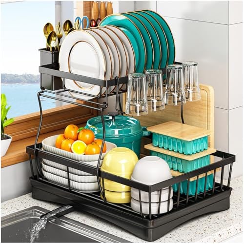 StowBin Escurreplatos de 2 Niveles, escurridor de Platos con Soporte para Utensilios para encimera de Cocina, Estante de Secado de Platos de Gran Capacidad Que Ahorra Espacio con Tabla de Drenaje