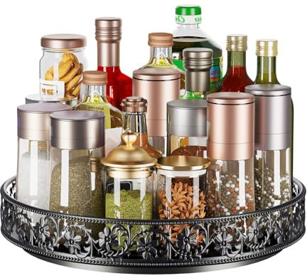 HISKIWUU Lazy Susan Turntable Organizer,10 inch Rotating Spice Rack Metal Lazy Susan for Cabinet Pantry Kitchen Countertop Dining Table Cupboard Bathroom Black