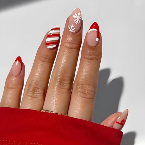 24 Pièces Noël Faux Ongles - Français Press on Nails Amande Court - Rouge Blanc Rayures Faux Ongles à Coller avec Bonnet Noeud de Noël Dessin - Acrylique Reutilisable Ongles à Presser pour Femmes