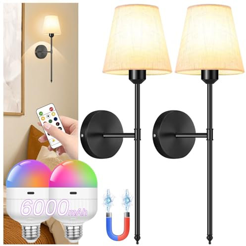 ZHENMING Juego de dos apliques de pared que funcionan con pilas, 6000 mAh, luces de pared inalámbricas con control remoto, 2700 K-6000 K y modos RGB para dormitorio, bombilla incluida (negro)