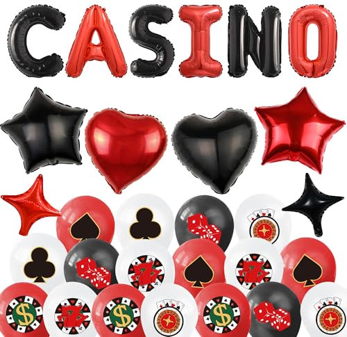 Casino Poker Party Ballons Deko - 30 Stücke Spielkarten und Würfel Luftballons Schwarz Rot Weiß, Casino Night Banner Girland Dekoration für Geburtstag Themenparty