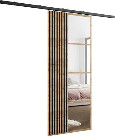 Kier Furniture - Schiebetüren Innen Moli mit Spiegel - Wandschiebetür - Schiebetür Links, Rechts - 16 mm laminierte Platte, Muster auf einer Seite der Tür - Eiche Craft Gold - 86cm
