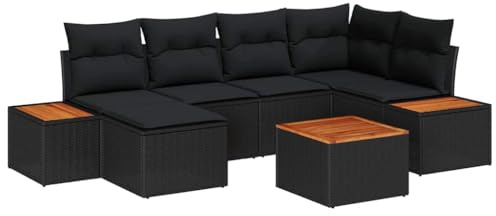 vidaXL 7-teilige Garten-Sofa-Garnitur mit Kissen aus schwarzem Poly-Rattan | Stylishes modulares Design, ideal zum Entspannen und Feiern im Freien, wetterfester Lounge-Sessel, modern