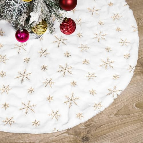 CaiTang 120cm Weihnachtsbaum Rock, Weihnachtsbaumdecke Rund, Kunstfell Schneeflocke Weihnachtsbaum Röck mit goldenem Schneeflockenmuster, Weihnachtsbaumdecke Rund von Weihnachtsbaum und Boden