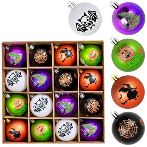 Komonee 16 x Christmas Baubles Gothic – Dark Holiday Tree Ornaments for Nightmare Before Haunted House, Halloween Spooky Xmas Party Decorations