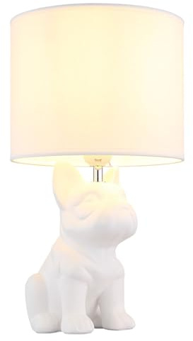 LED Tischlampe französische Bulldogge Nachttischlampe Keramik Textil Wohnzimmerlampe weiß, Hunde Design, 10,5W 1055lm warmweiß, LxH 22 x 40 cm