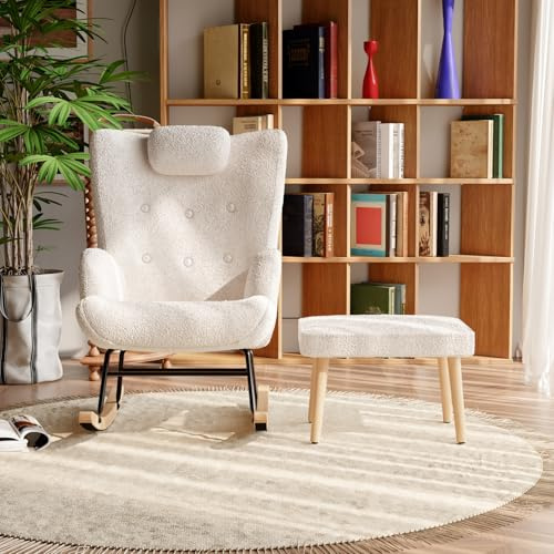 Öronfåtölj med pall, vit teddy sammet gungstol med sidofickor och nackstöd, mysig vadderad fåtölj, relaxfåtölj, fåtölj, liggfåtölj för vardagsrum, sovrum, balkong.