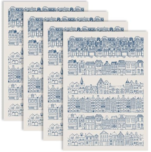 PRESSINART 4 Stück Keramik Transfer Aufkleber Unterglasur Papier Transfer Blau Linien Haus Muster Waterslide Porzellan Aufkleber Für Töpferwaren Tonhandwerk Emaille Dekoration DIY Keramik Kunstbedarf
