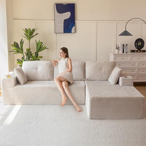 MAXYOYO Modulares Sofa und Chaiselongue, Cloud Boneless Couch, 3-4-Sitzer-Ecksofa Links/Rechts Verstellbar, Cordbezug, Übergroßes L-förmiges Schlafsofa für das Wohnzimmer, Keine Montage Erforderlich