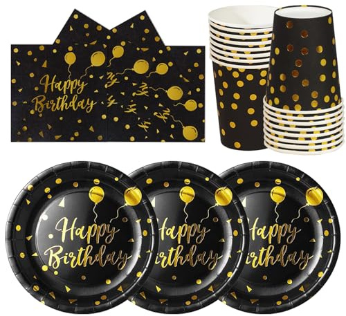 hailstones Oro Nero 72 Pezzi Stoviglie di Carta per Compleanno Bambini: Piatti, Bicchieri, Tovaglioli - 24 Ospiti