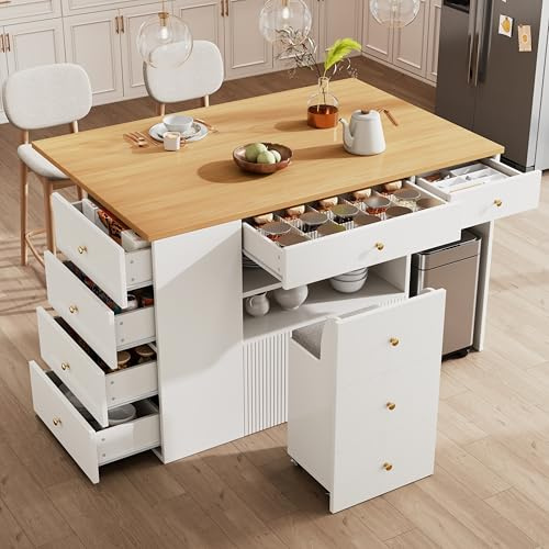 Kebnor Isla de cocina, aparador con taburetes, armario de cocina con 6 cajones y taburetes, ancho ajustable 140 x 40 (70) x 89 cm (blanco)