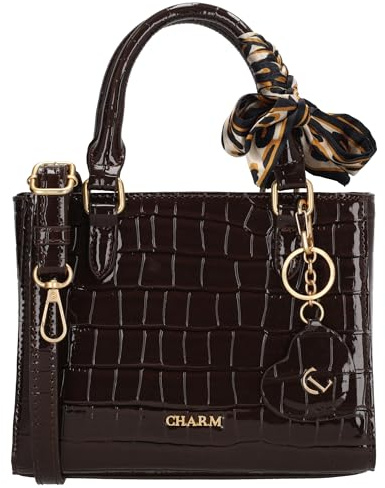 Charm London Handtasche Damen - Lackoptik Kroko-Prägung - Dunkelbraun