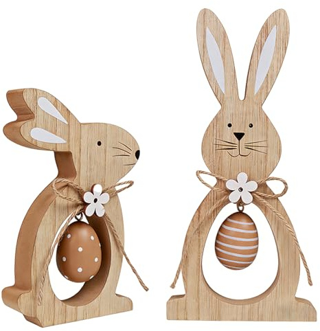 Osterdeko, 2 Stück Osterdeko Holz Hase,  Osterhasen Deko zum Hinstellen | Osterdekoration,Osterdeko Holz Hasen Figuren,Aufsteller Ostern Hase mit Blumen Ostereier,Tischdeko Osterhasen Groß für Tisch