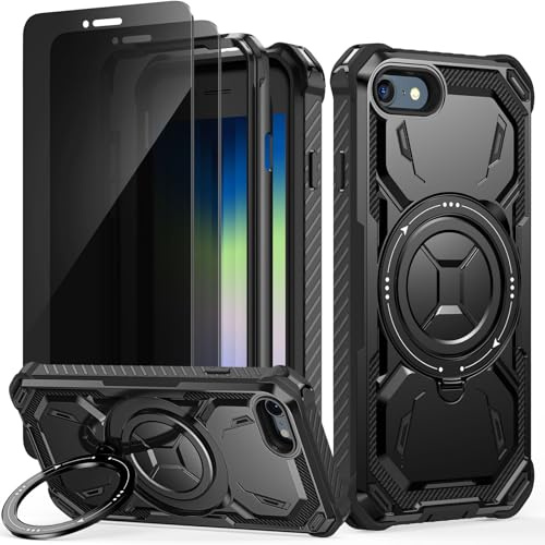 Lanhiem Coque pour iPhone SE 2022/2020/8/7 avec 2 Verre Trempé Anti-Espion | Antichoc Étui de Militaire Protection, Anneau Support Renforcée Armure Coque pour iPhone SE 2022/SE 2020/iPhone 8/7, Noir